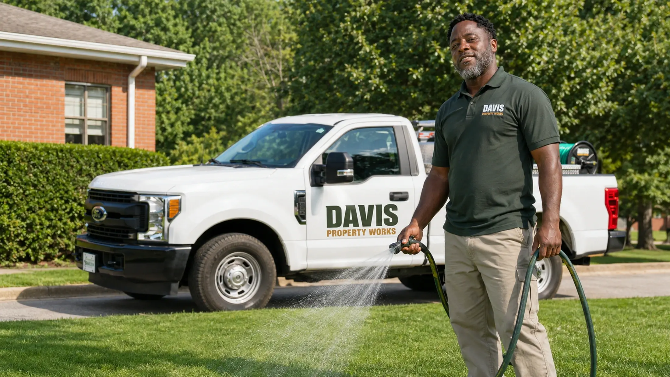Chris Davis, owner of Davis Property Works, watering a healthy residential lawn beside the company work truck